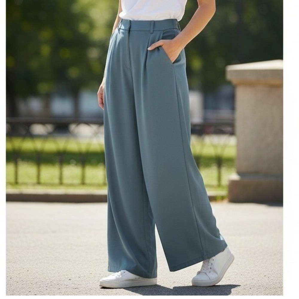Halara Blue Wide Leg Pleated High Waisted Waffle Knit Trousers Tall XS
